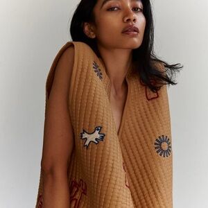 NWT Zara Embroidered Tan Quilted Vest